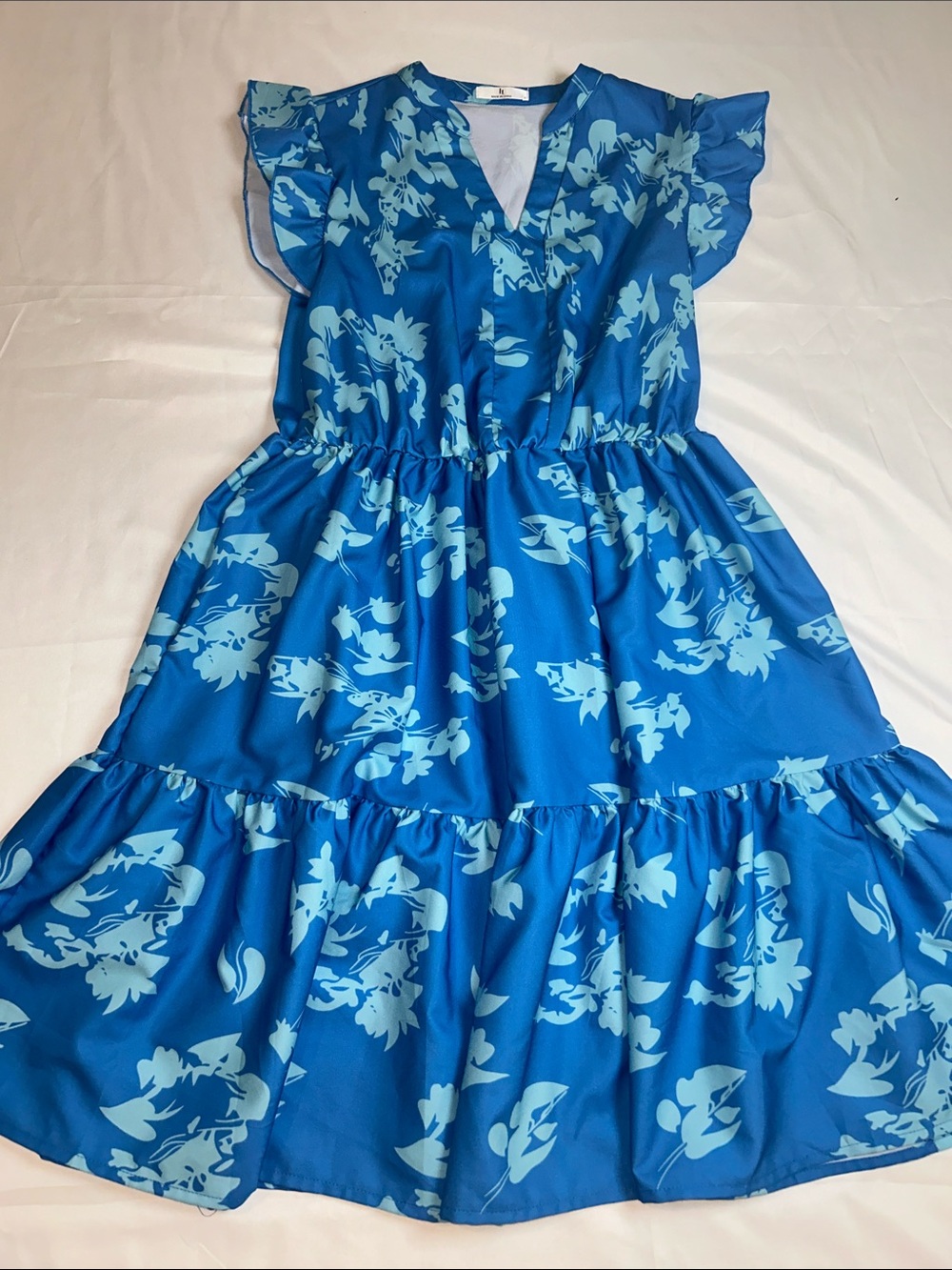Blue Floral Ruffle Sleeve Dress